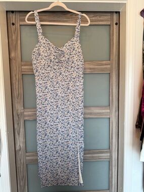 Floral Blue Midi Slip Dress with Adjustable Spaghetti Straps